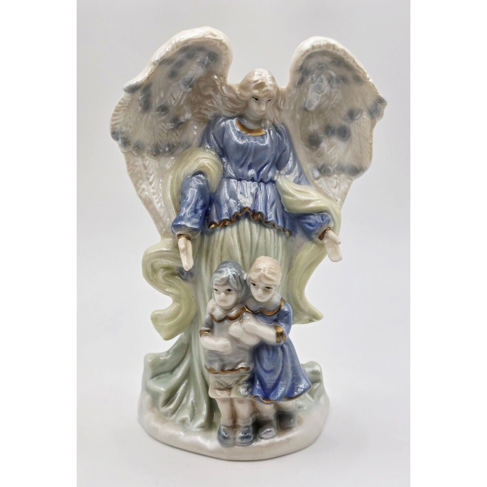 Vintage Ceramic Guardian Angel Watching Over Children Figurine Shabby Chic
